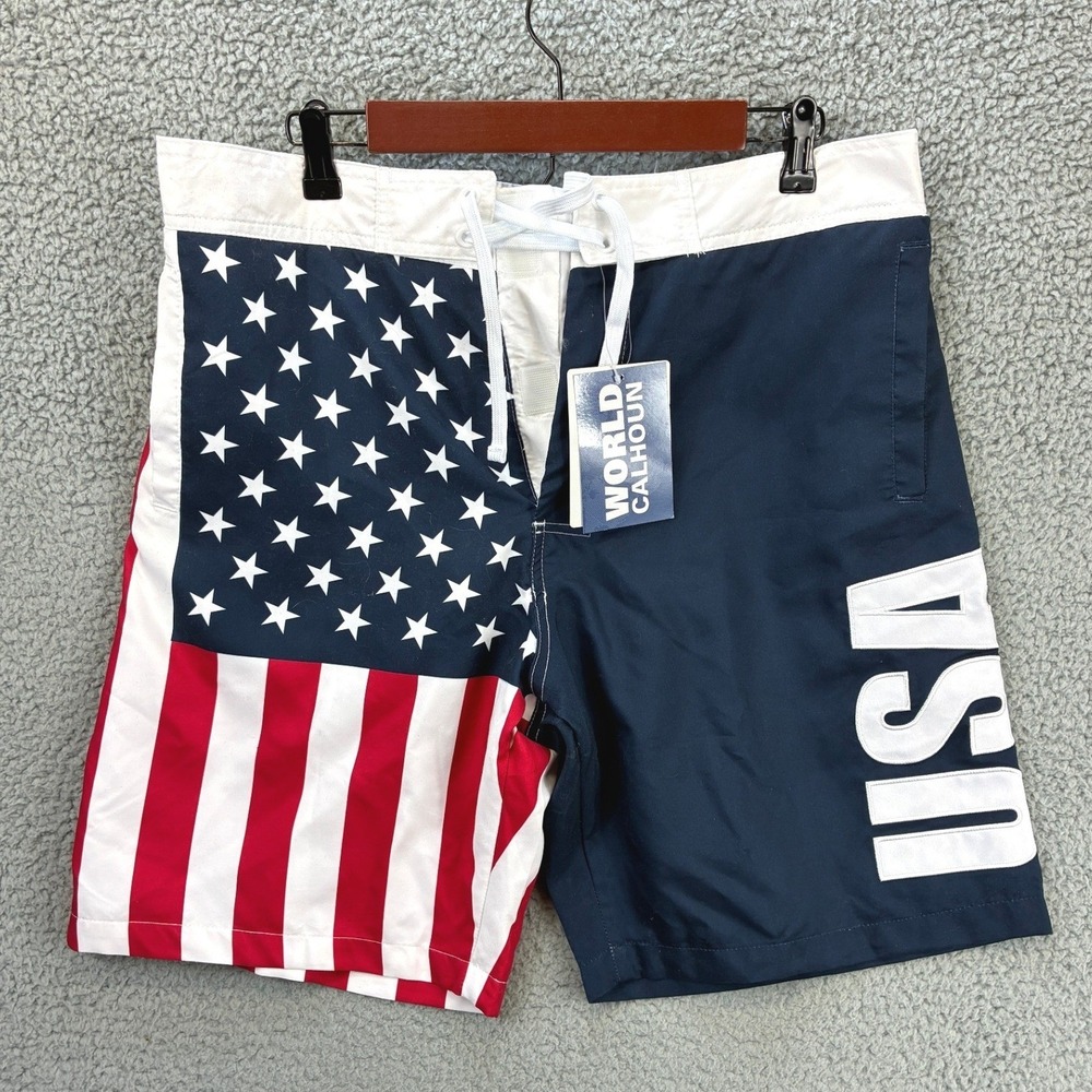 Calhoun American Flag Board Shorts Mens L Red White Blue Patriotic Swimwear NWT